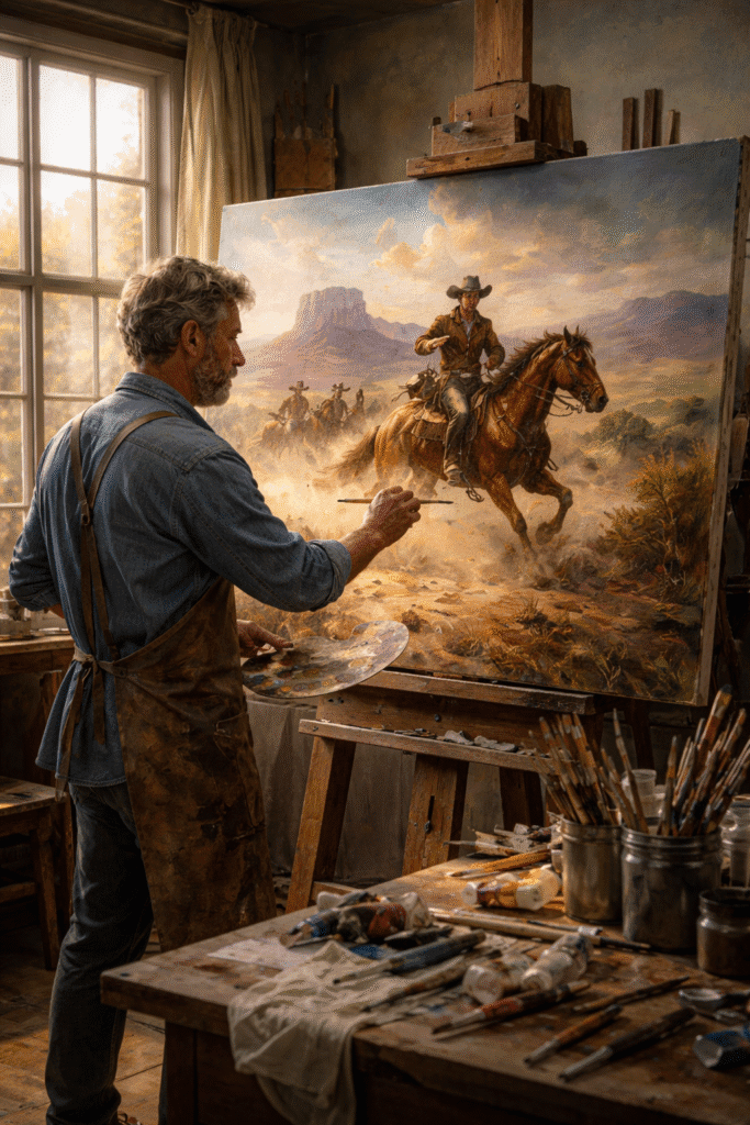 AI-generated image of an artist painting a western cowboy scene in a rustic studio.
