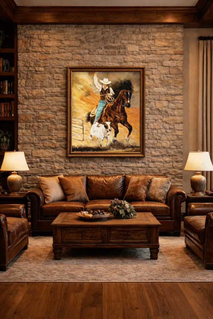 AI-generated interior visualization of a rustic collector's living room featuring a genuine hand-painted original painting of a Western cowboy prominently displayed on a stone wall.