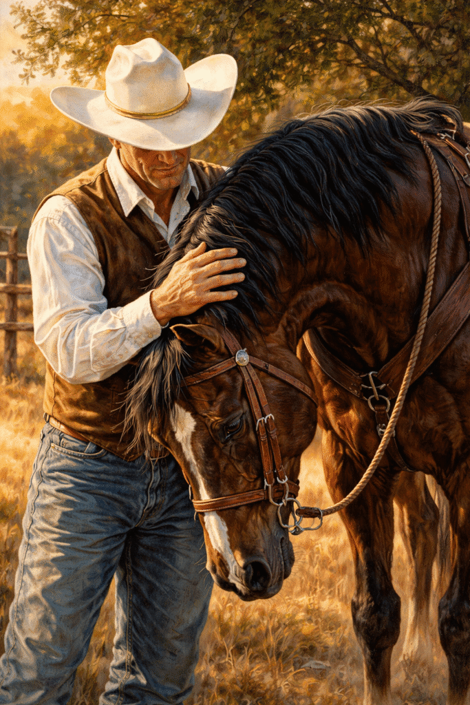 AI-generated image of a cowboy gently stroking the neck of his brown horse while the animal lowers its head beside him, showing a quiet moment of trust between rider and horse in a warm rural setting.