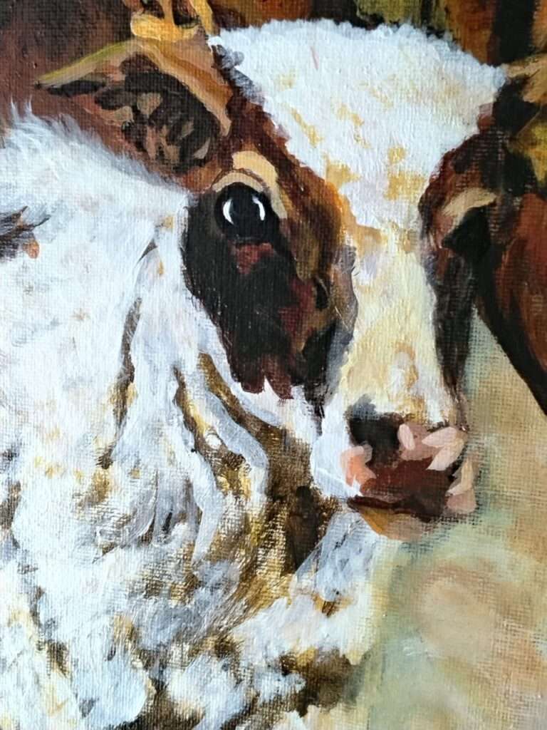 Detailed close-up of an animal's face (likely a calf or horse) in an acrylic painting. The artwork showcases expressive brushwork and light on white and brown fur, creating rich texture. A dark, glossy eye serves as the focal point, surrounded by earthy tones and cream-colored highlights.