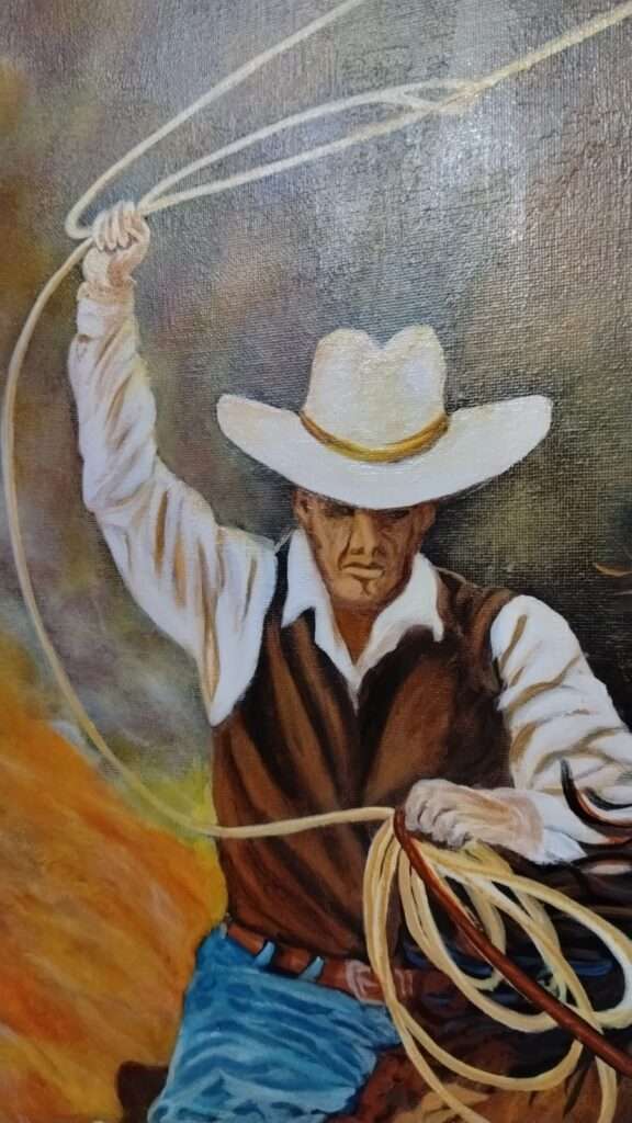 Close-up of a cowboy with a white hat swinging a lasso on horseback, traditional Western acrylic painting that captures movement and tension.
