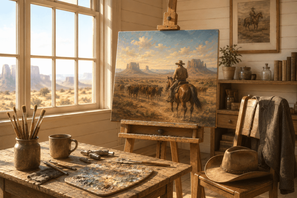 A sunlit Western artist’s studio with a cowboy painting displayed on an easel, surrounded by paint brushes, a rustic wooden table, and a cowboy hat, with warm natural light streaming through the window overlooking a desert landscape.